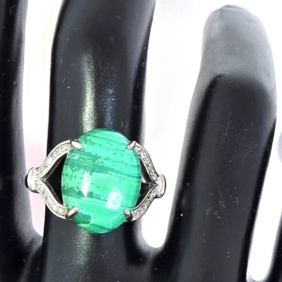 925 Sterling Silver Ring Sz 8.5 with Natural Malachite & CZ - Picture 9 of 13